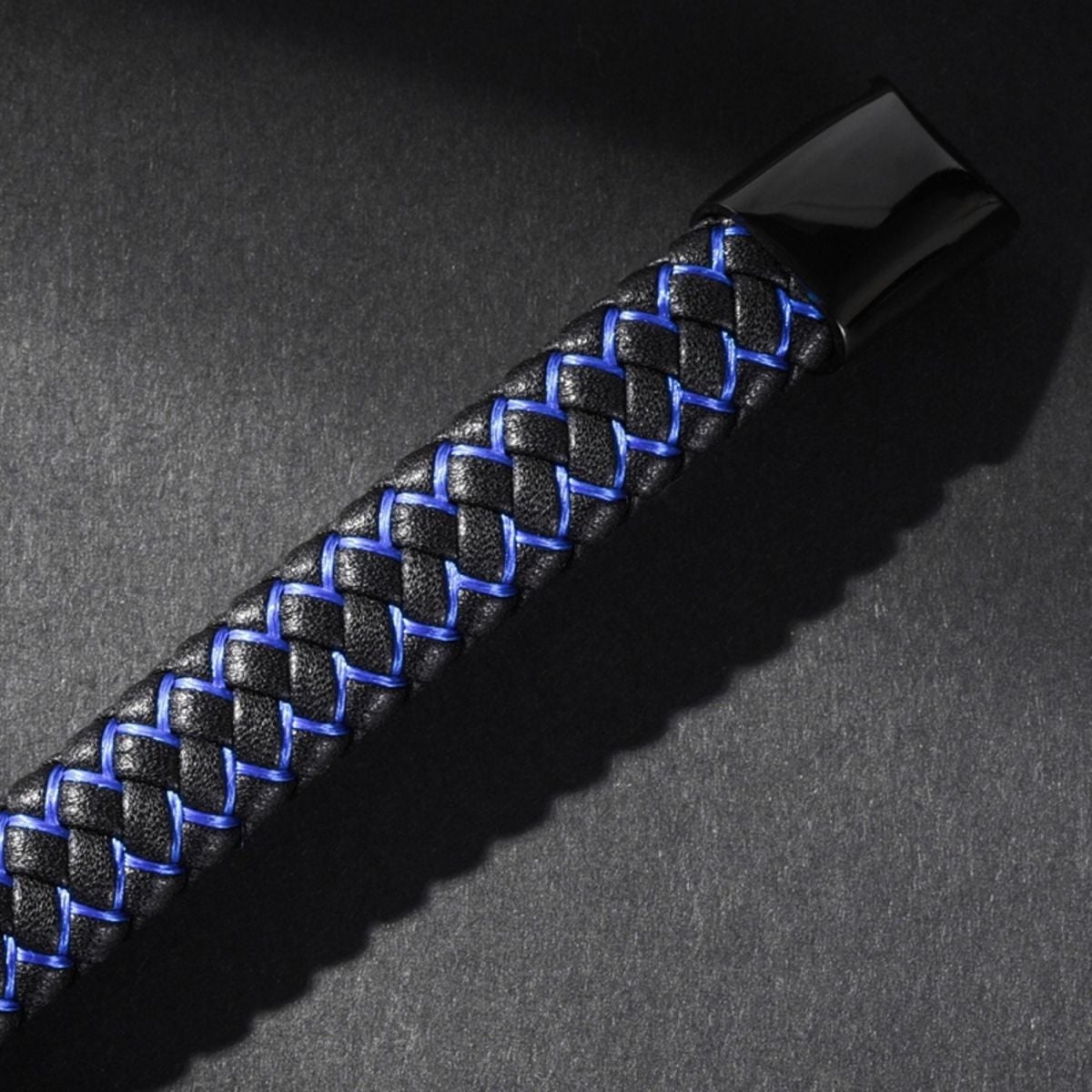 Braided Blue Black Leather Stainless Steel Wrist Band Bracelet Bulk