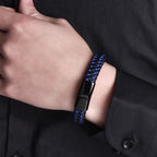 Braided Blue Black Leather Stainless Steel Wrist Band Bracelet Bulk