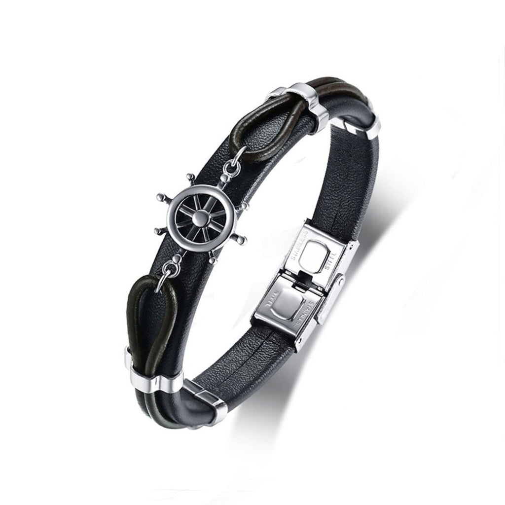 Anchor Rudder Sailor 316L Stainless Steel Black Leather Bracelet Bulk