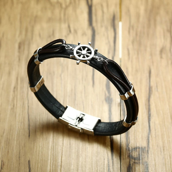 Anchor Rudder Sailor 316L Stainless Steel Black Leather Bracelet Bulk Main image