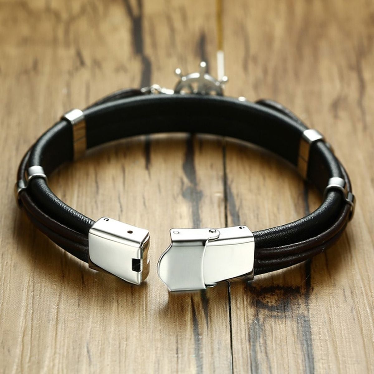 Anchor Rudder Sailor 316L Stainless Steel Black Leather Bracelet Bulk