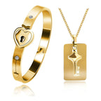 Lock Key Gold Stainless Steel Kada Bracelet Pendant Chain Combo Couple