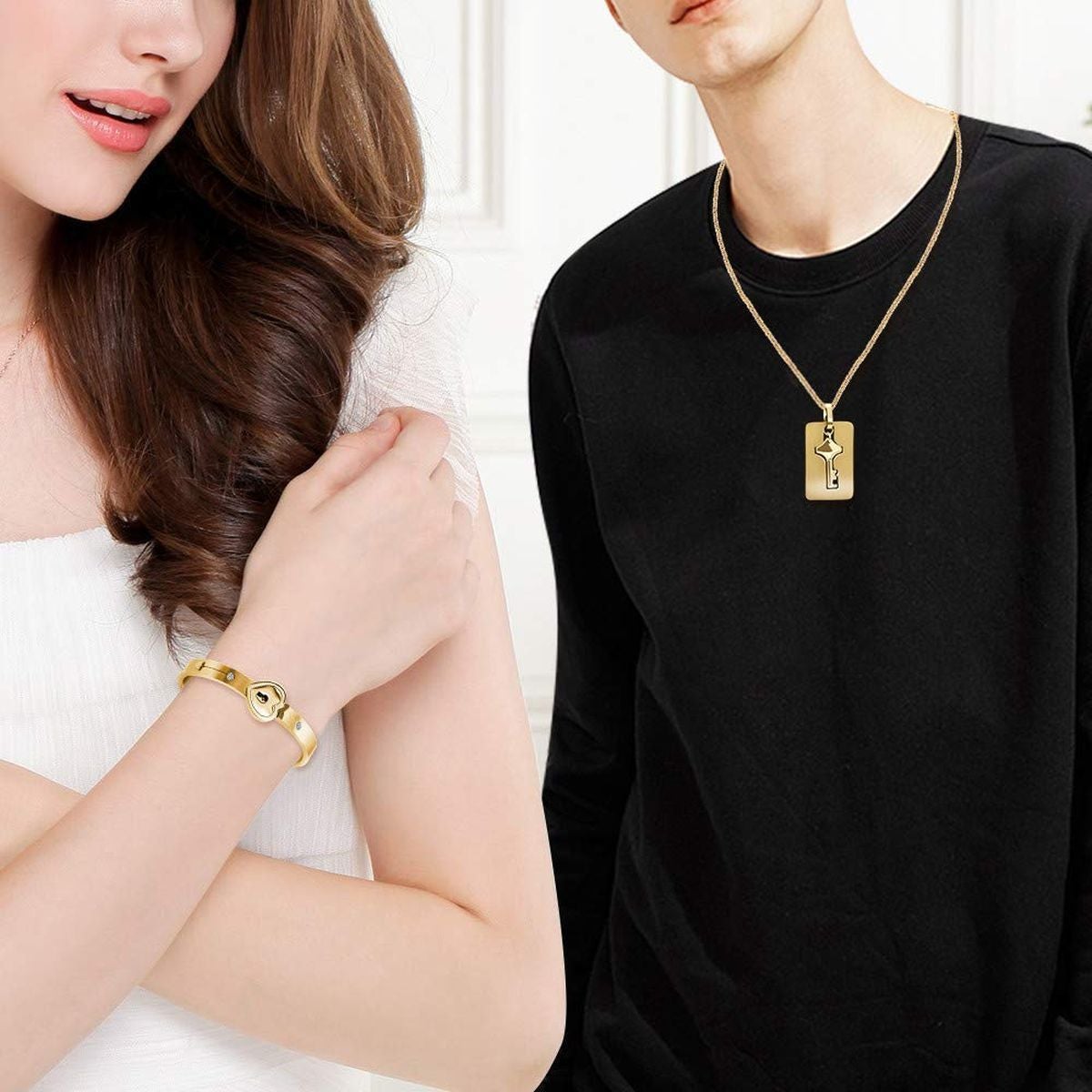 Lock Key Gold Stainless Steel Kada Bracelet Pendant Chain Combo Couple