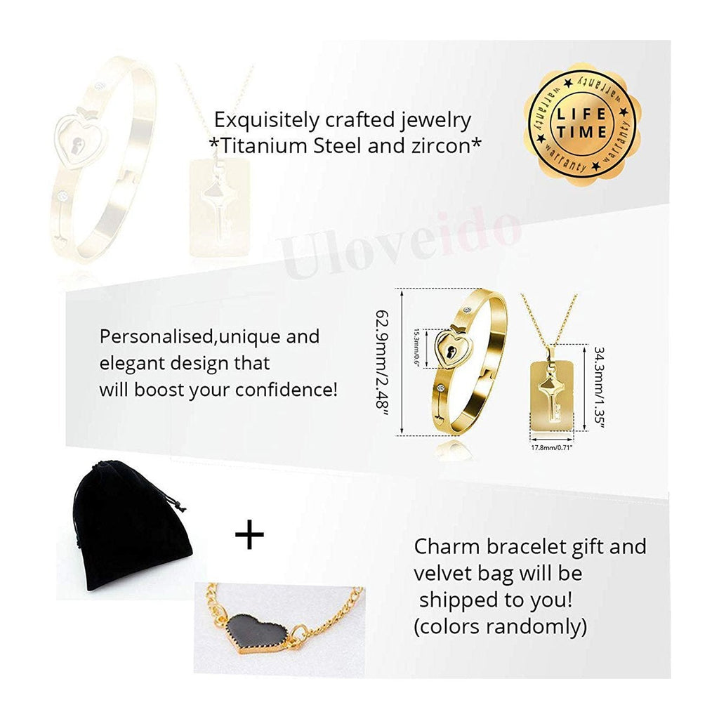 Lock Key Gold Stainless Steel Kada Bracelet Pendant Chain Combo Couple