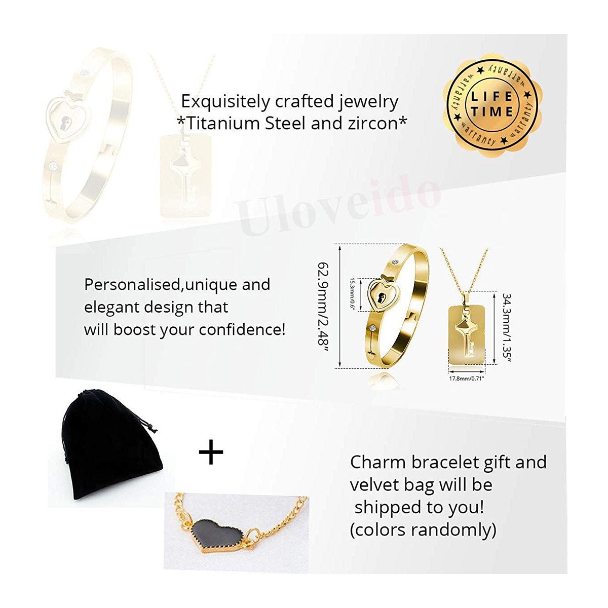 Lock Key Gold Stainless Steel Kada Bracelet Pendant Chain Combo Couple