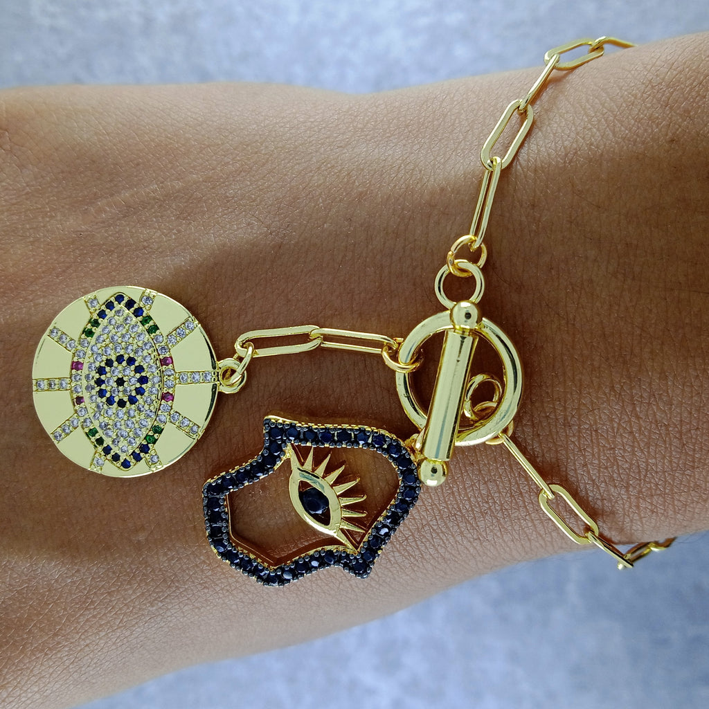 Gold Evil Eye Medal Hamsa Charm Link Bracelet For Women Bulk