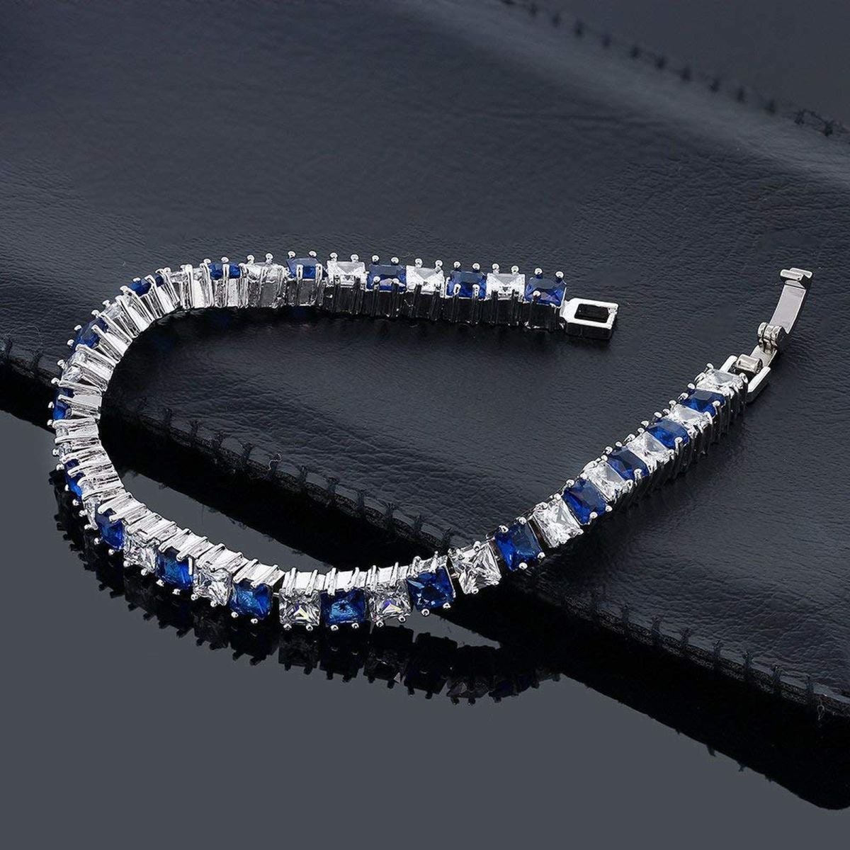 Princess Cut Cubic Zirconia Blue Sapphire Tennis Bracelet Women Bulk