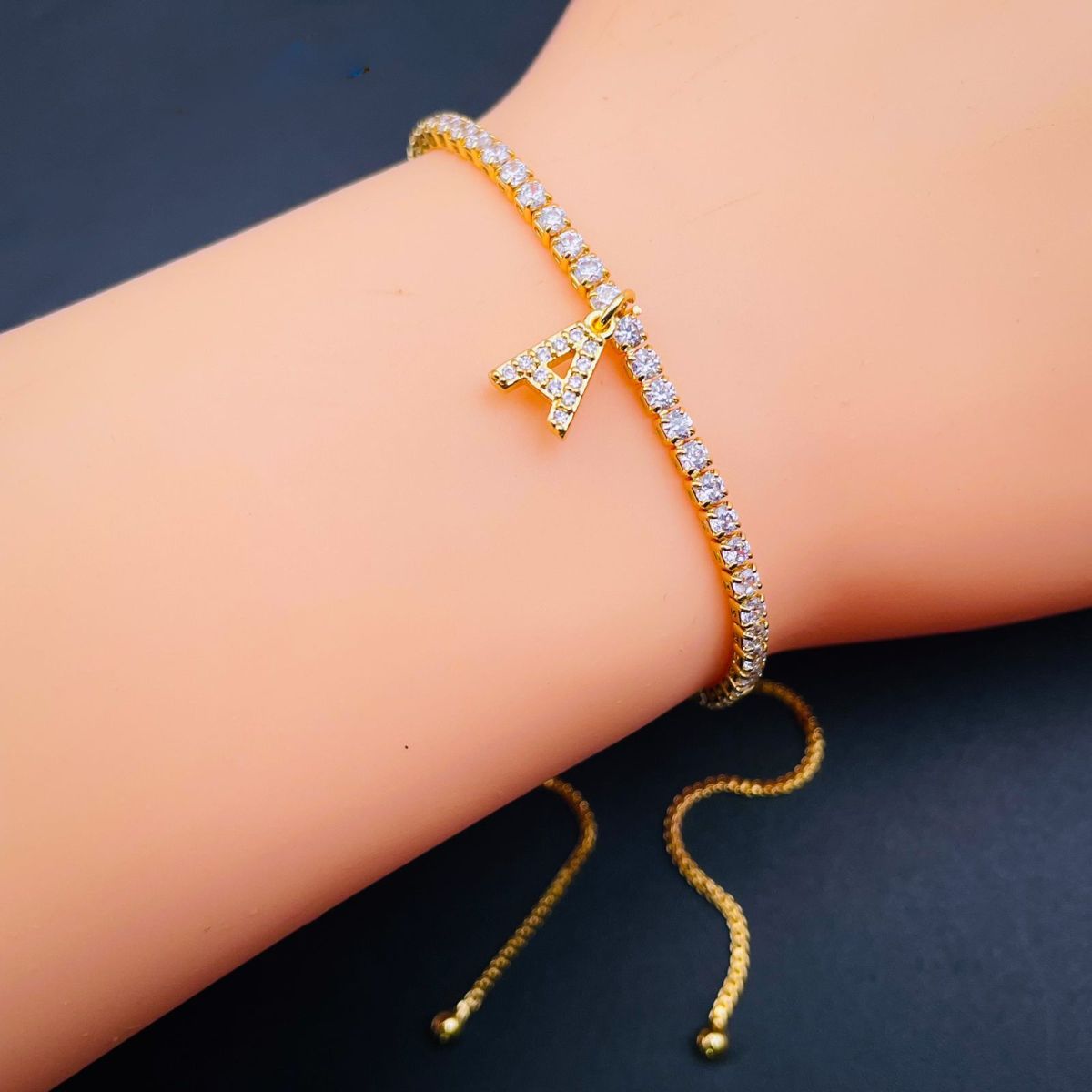 Gold Solitaire Initial Alphabets Letter CZ Slider Tennis Bracelet Bulk Secondary image
