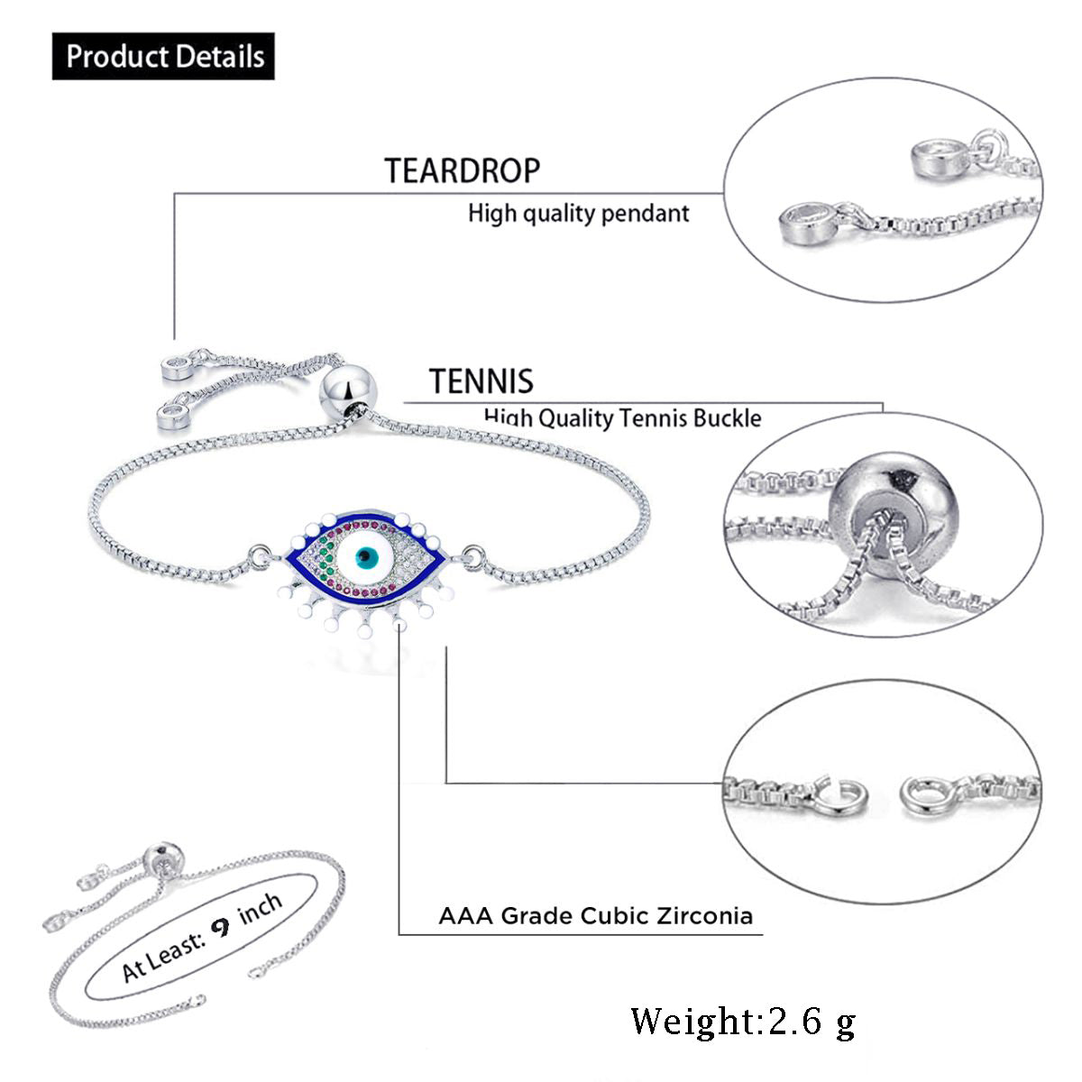 Turkish Evil Eye Lucky CZ American Diamond Slider Bracelet Bulk