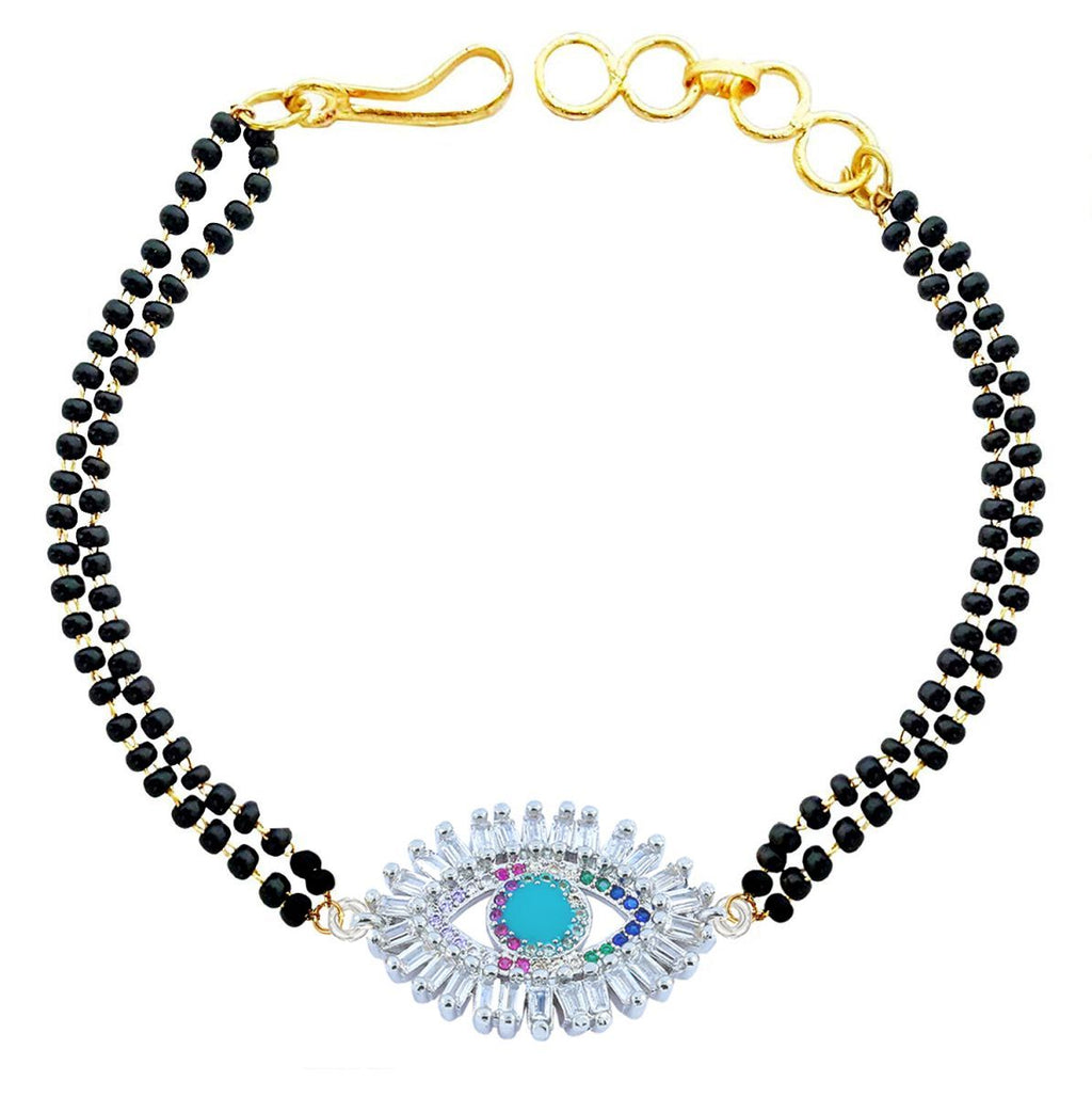 Women'S Turkish Evil Eye Good Luck Cubic Zirconia Adjustable Hand Wrist Brass Mangalsutra Bracelet (Silver)