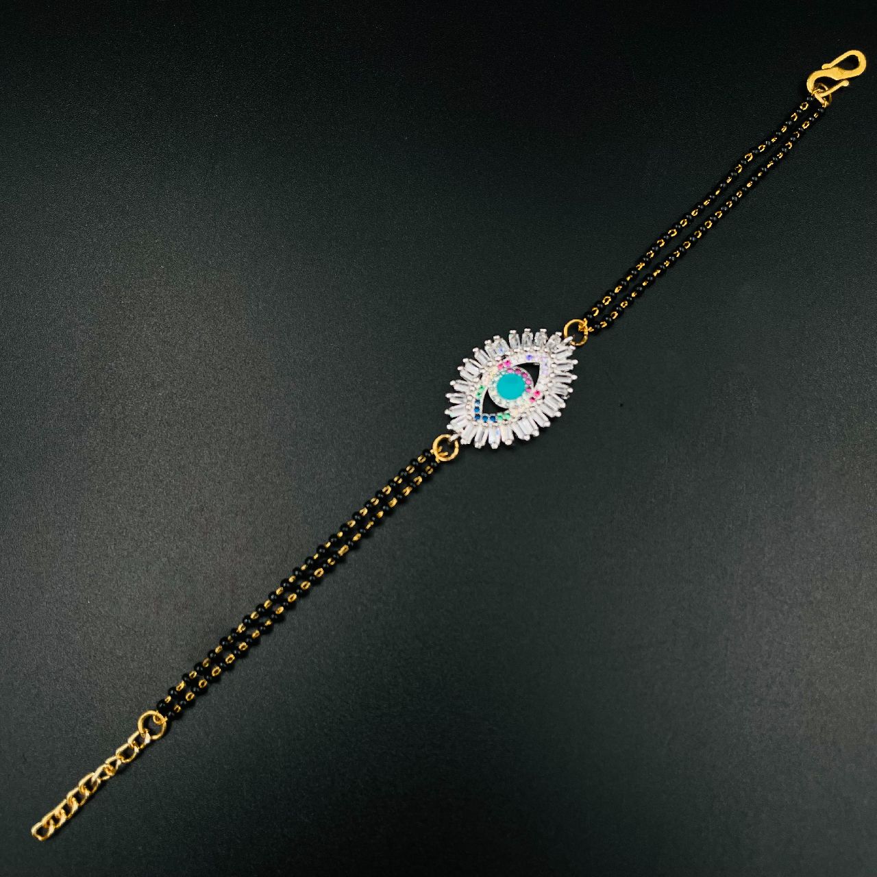 Women'S Turkish Evil Eye Good Luck Cubic Zirconia Adjustable Hand Wrist Brass Mangalsutra Bracelet (Silver) Secondary image