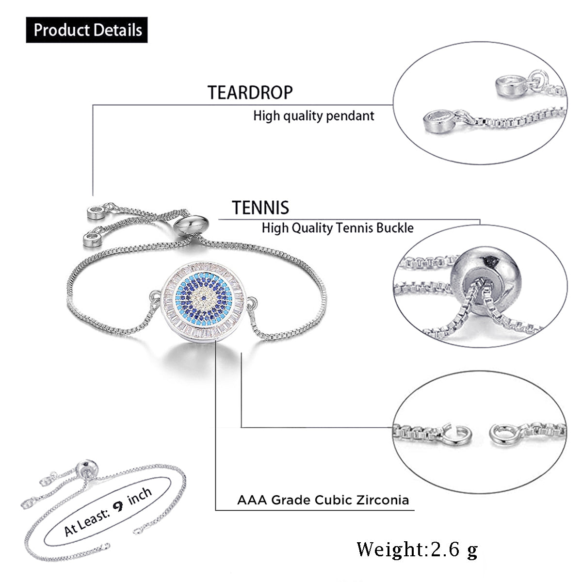 Blue Evil Eye Lucky CZ American Diamond Slider Bracelet Bulk