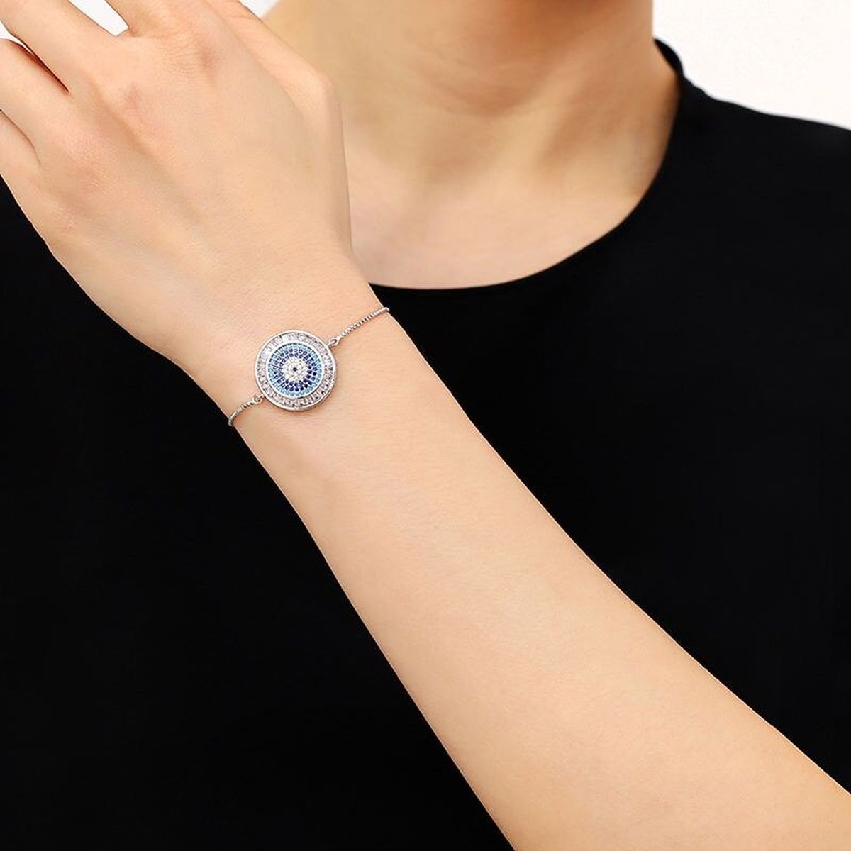 Blue Evil Eye Lucky CZ American Diamond Slider Bracelet Bulk