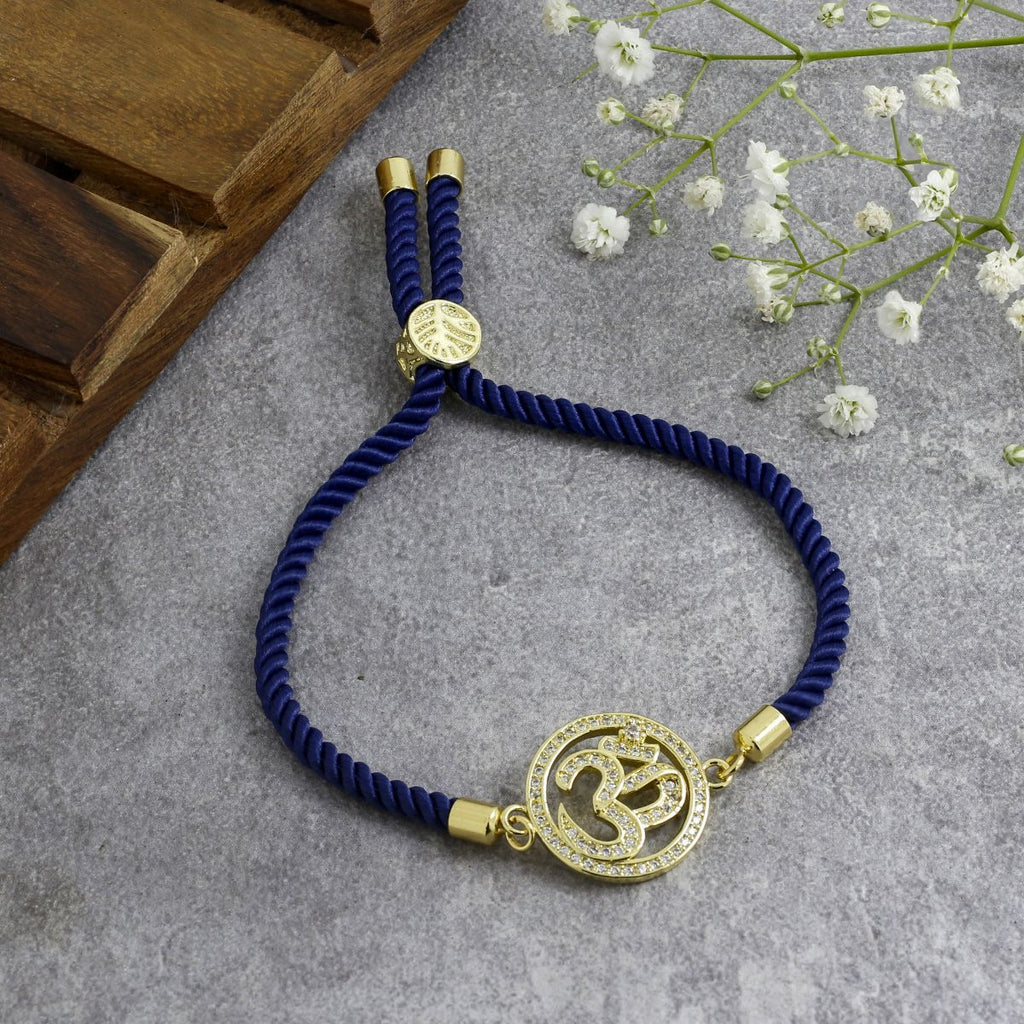 Aum Om 18K Gold Blue American Diamond Adjustable Thread Bracelet Bulk