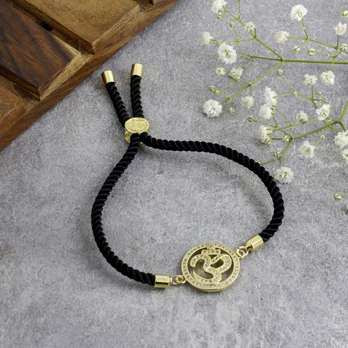 Aum Om 18K Gold Black American Diamond Adjustable Thread Bracelet Main image