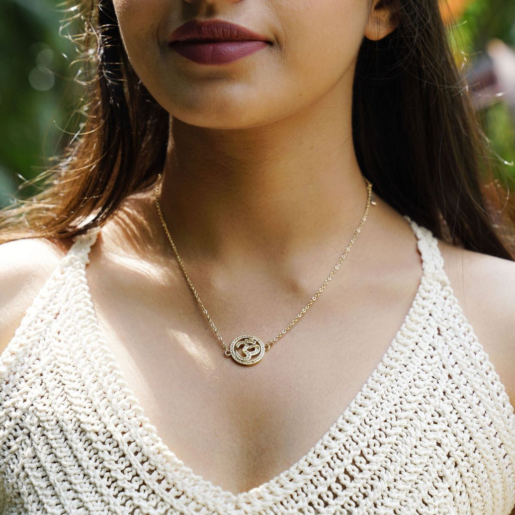 Aum Om 18K Gold Cubic Zirconia Diamond Necklace Pendant Chain Bulk