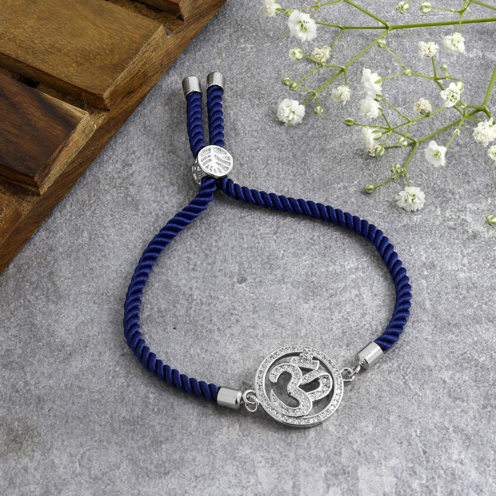 Aum Om Silver Blue American Diamond Adjustable Thread Bracelet Bulk