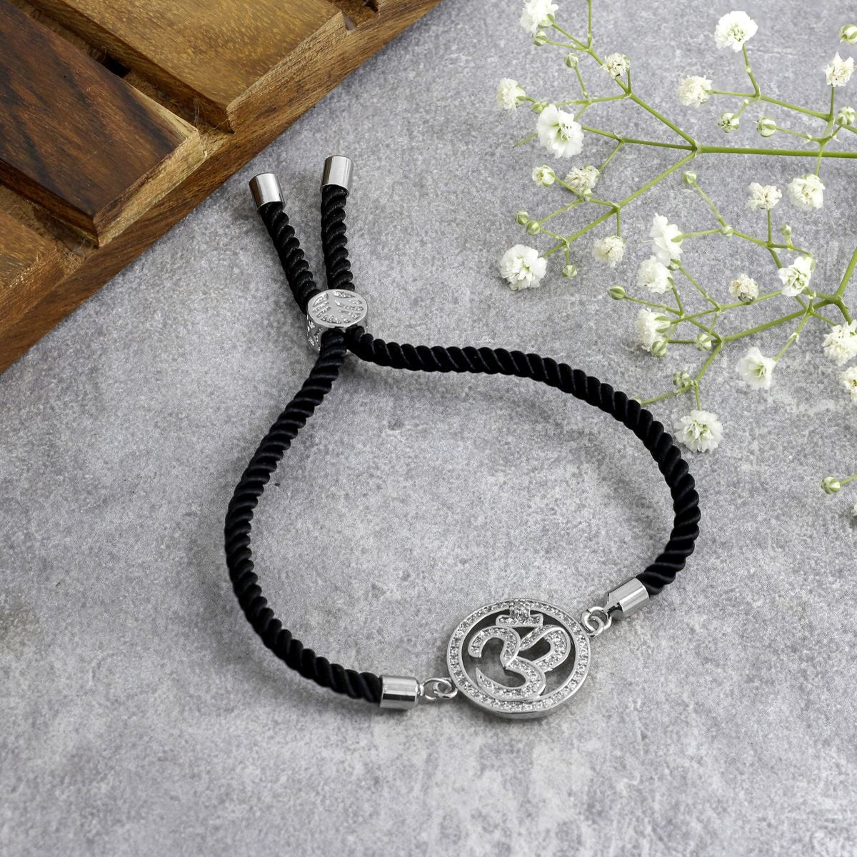 Aum Om Silver Black American Diamond Adjustable Thread Bracelet Bulk