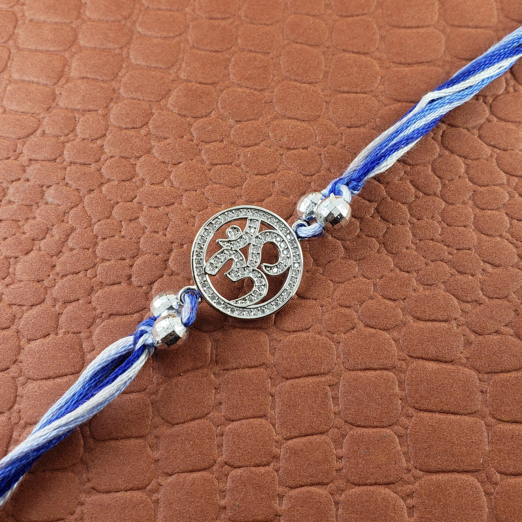 Aum Om Silver Cubic Zirconia American Diamond Thread Rakhi Men Bulk