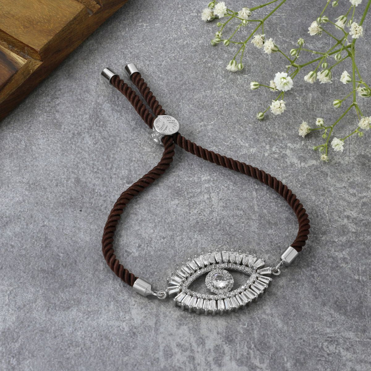 Turkish Evil Eye Baguette Silver Brown CZ Thread Bracelet Bulk