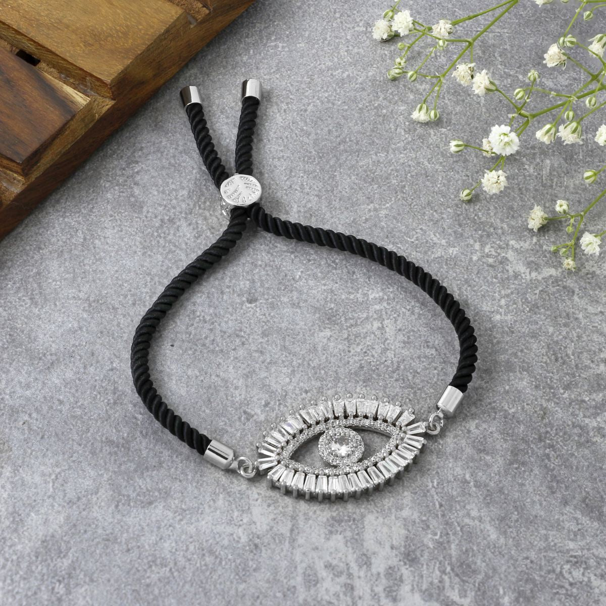 Turkish Evil Eye Baguette Silver Black CZ Thread Bracelet Bulk