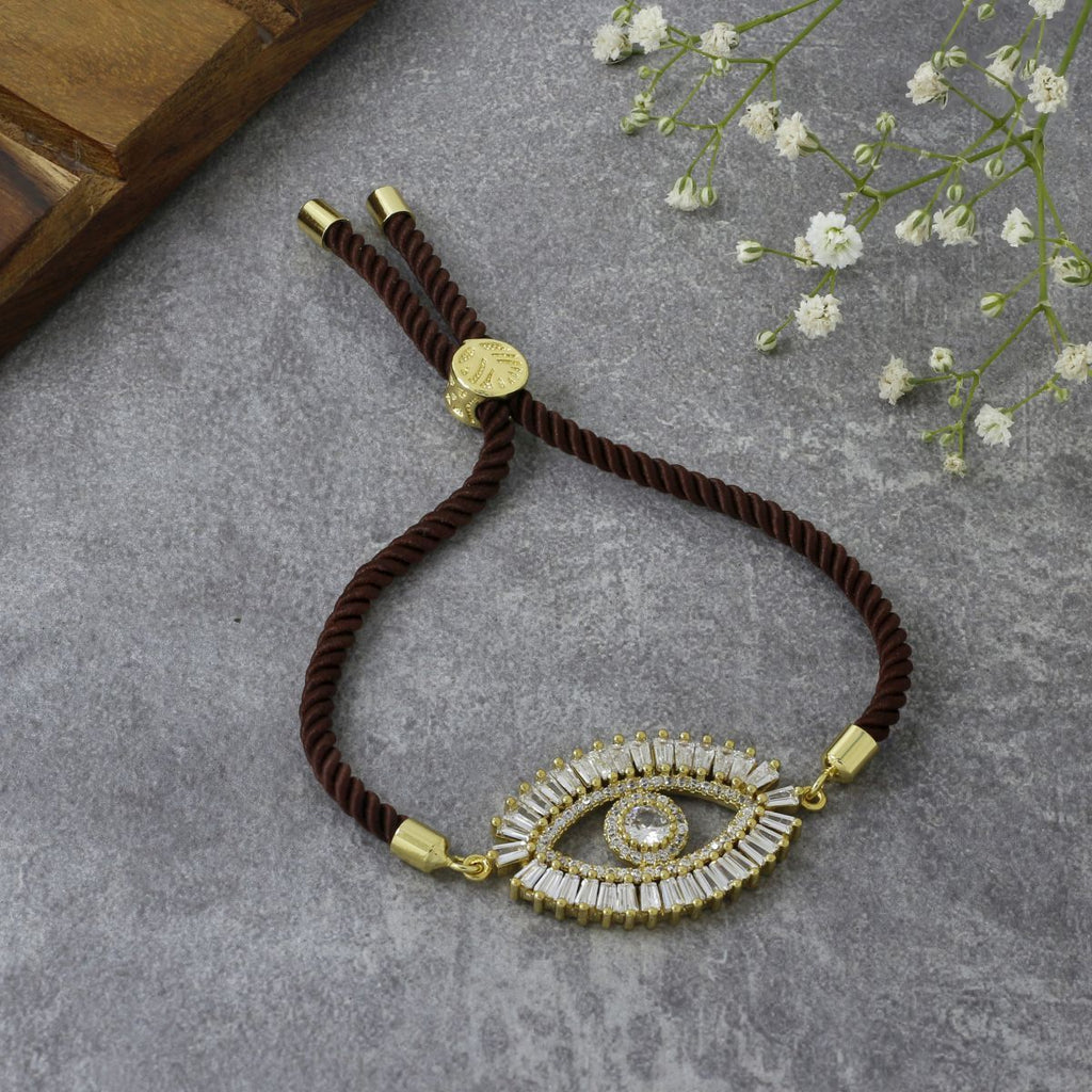 Turkish Evil Eye Baguette Gold Brown CZ Thread Bracelet Bulk