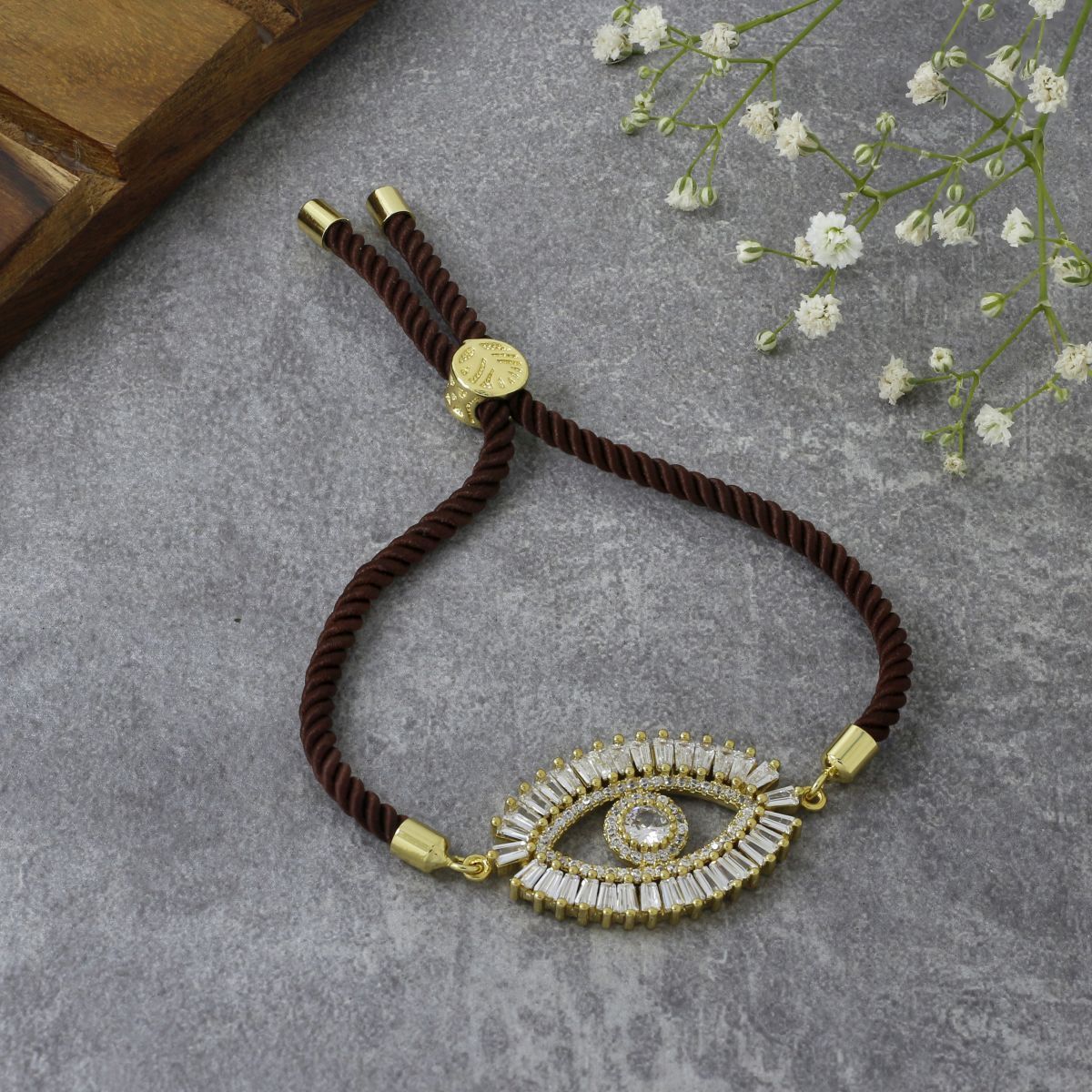Turkish Evil Eye Baguette Gold Brown CZ Thread Bracelet Bulk