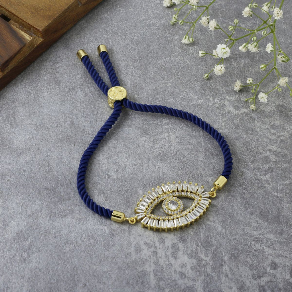 Turkish Evil Eye Baguette Gold Blue CZ Thread Bracelet Bulk