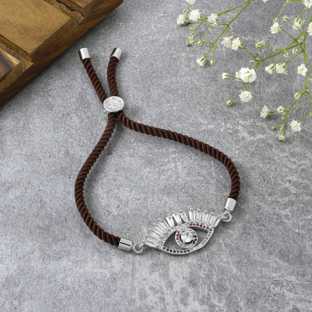 Evil Eye Good Baguette Silver Brown CZ Thread Bracelet Bulk