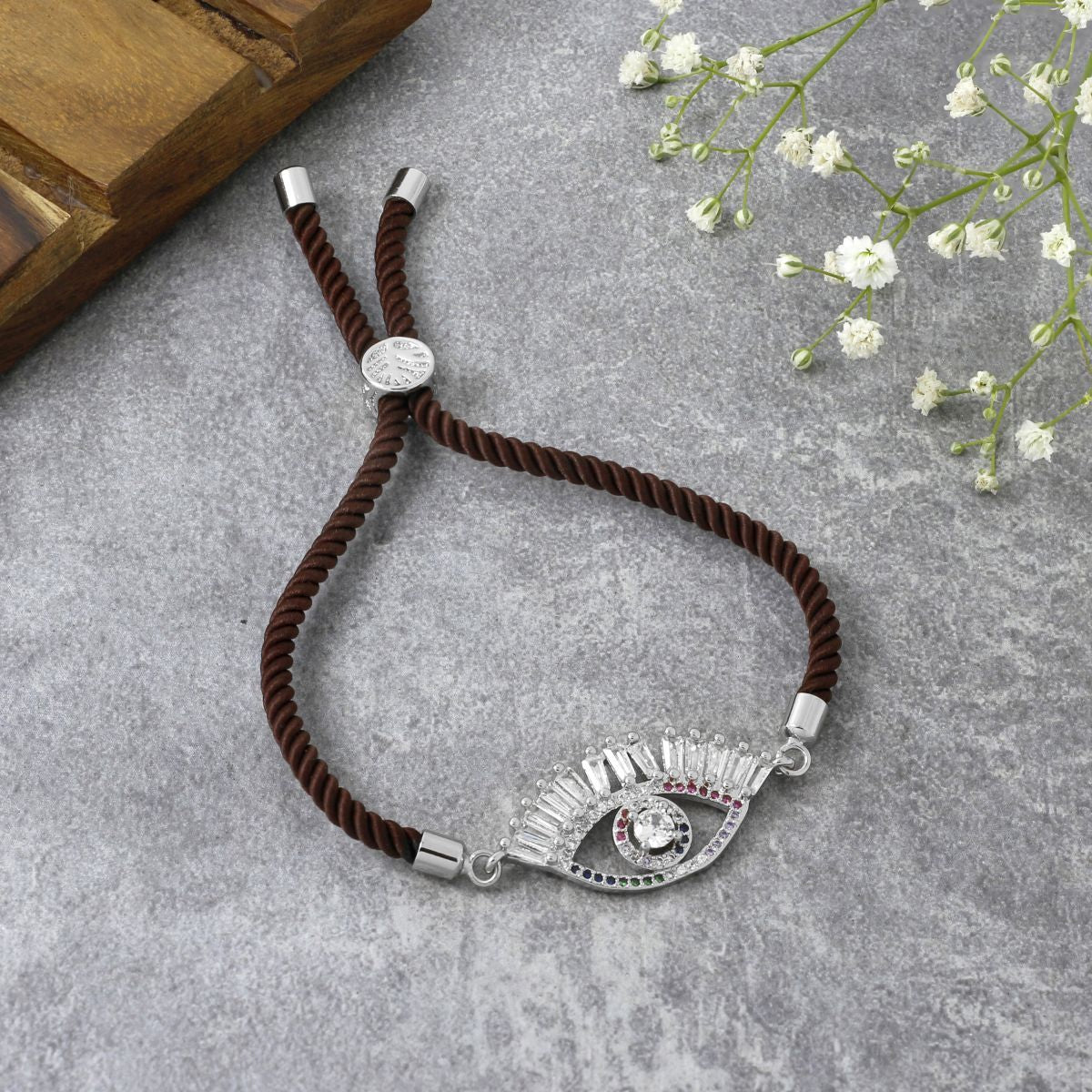 Evil Eye Good Baguette Silver Brown CZ Thread Bracelet Bulk