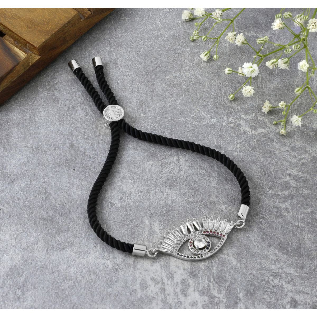 Evil Eye Good Baguette Silver Black CZ Thread Bracelet Bulk