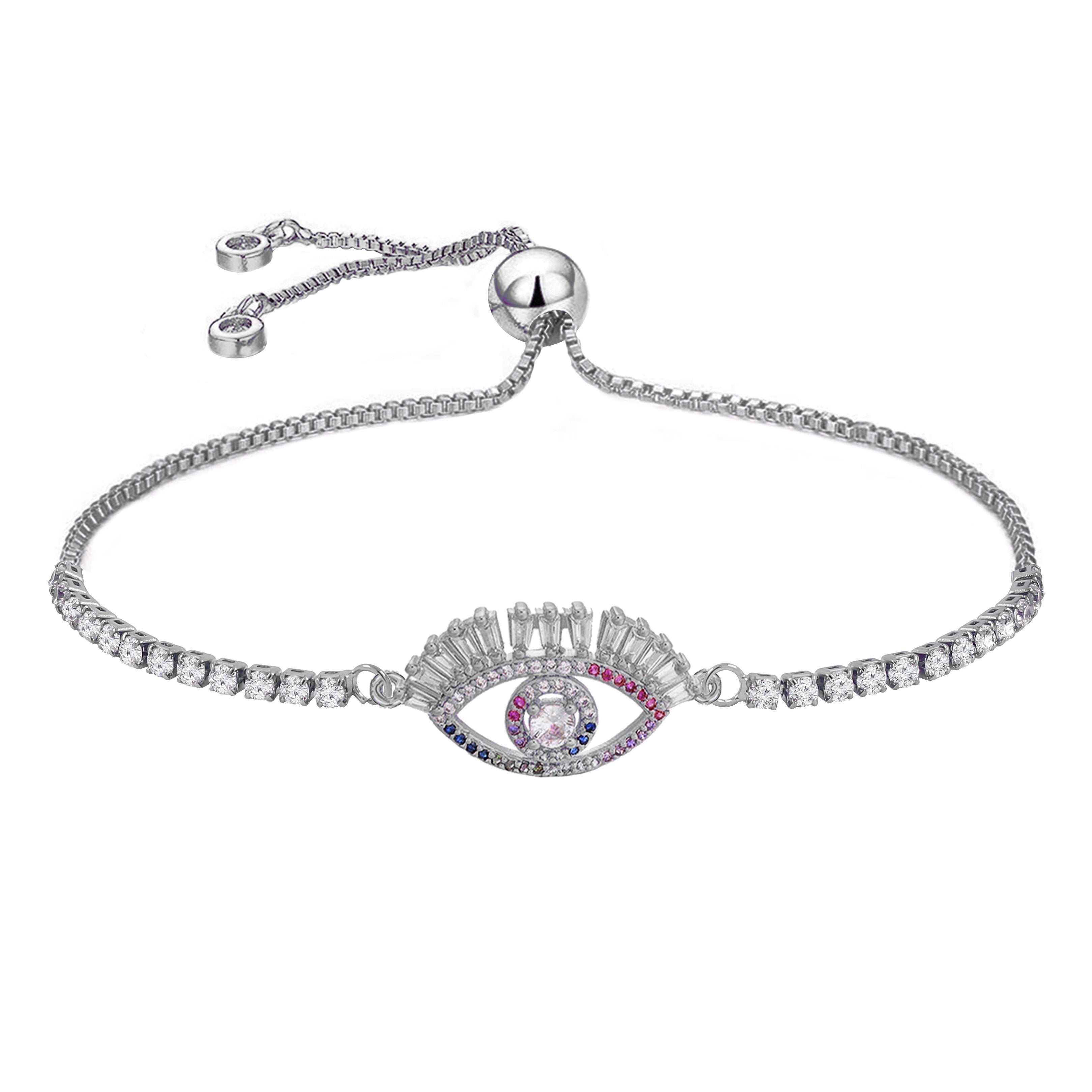 Silver Cubic Zirconia Slider Turkish Evil Eye Bracelet For Women Bulk