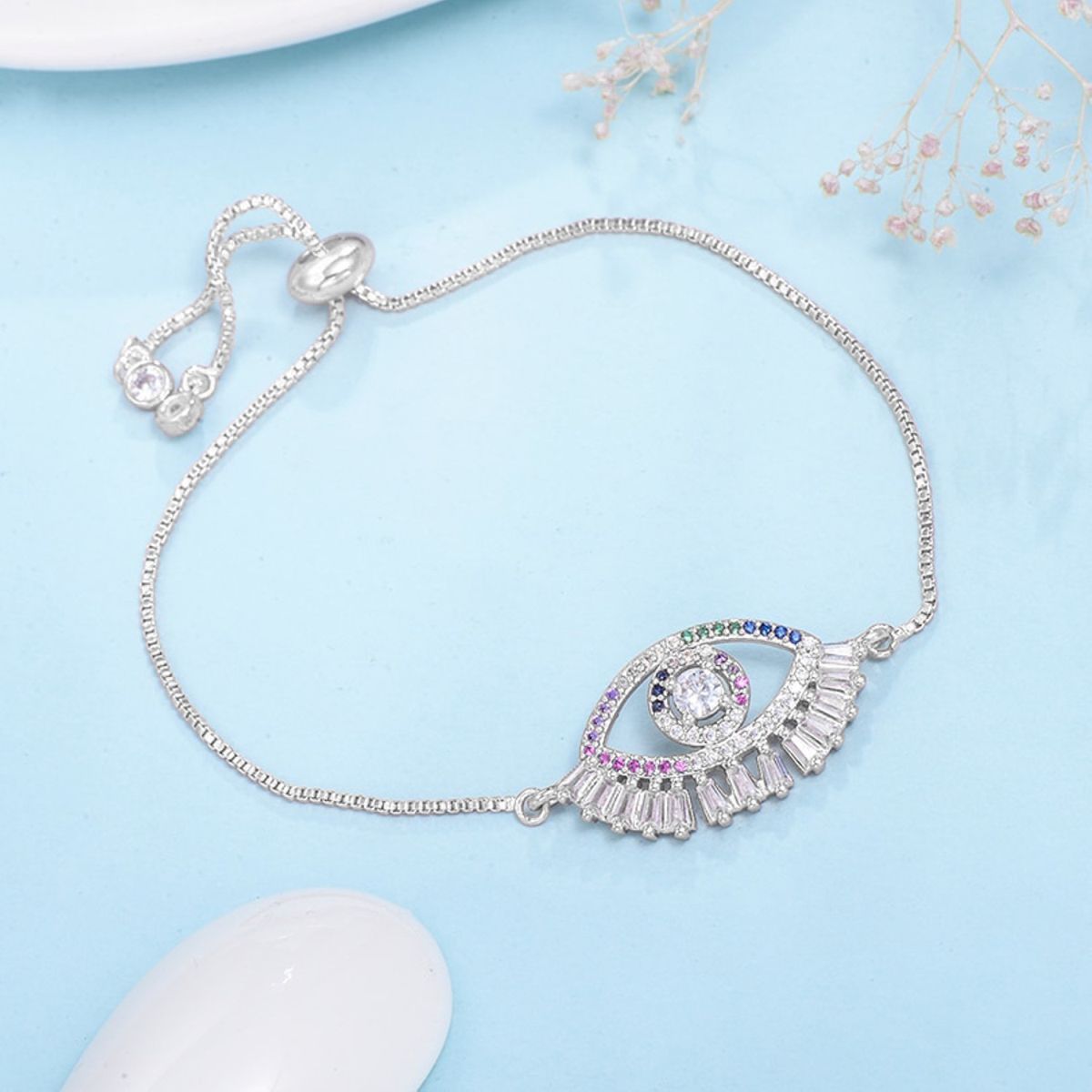 Evil Eye Baguette Cubic Zirconia American Diamond Slider Bracelet Main image