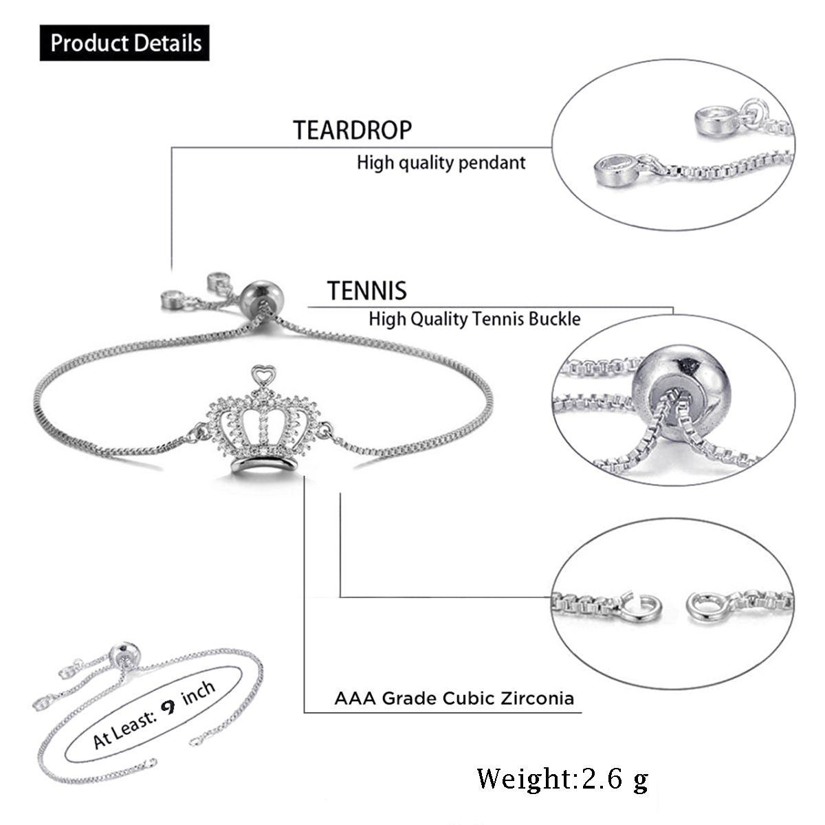Silver Princess Crown CZ American Diamond Slider Bracelet Bulk