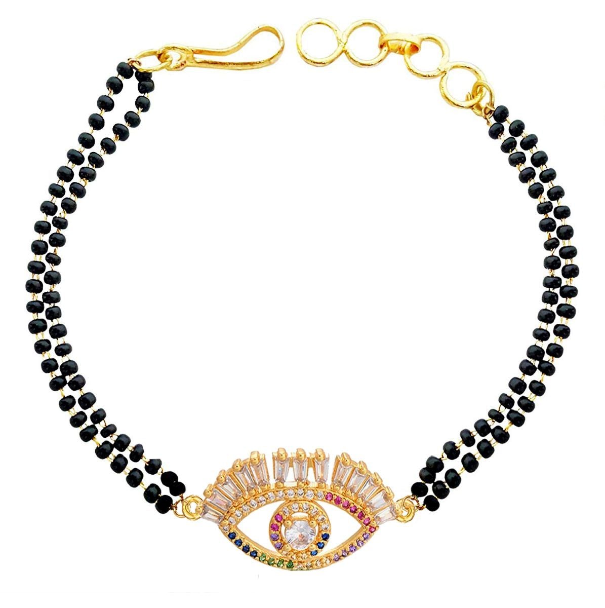 Turkish Evil Eye Good Luck Baguette Cubic Zirconia Adjustable Hand Wrist Mangalsutra Bracelet Women
