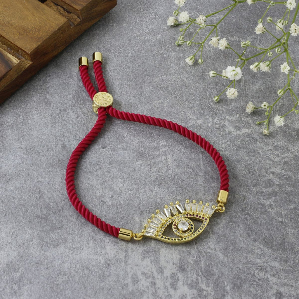 Evil Eye Good Baguette Gold Pink American Diamond Thread Bracelet