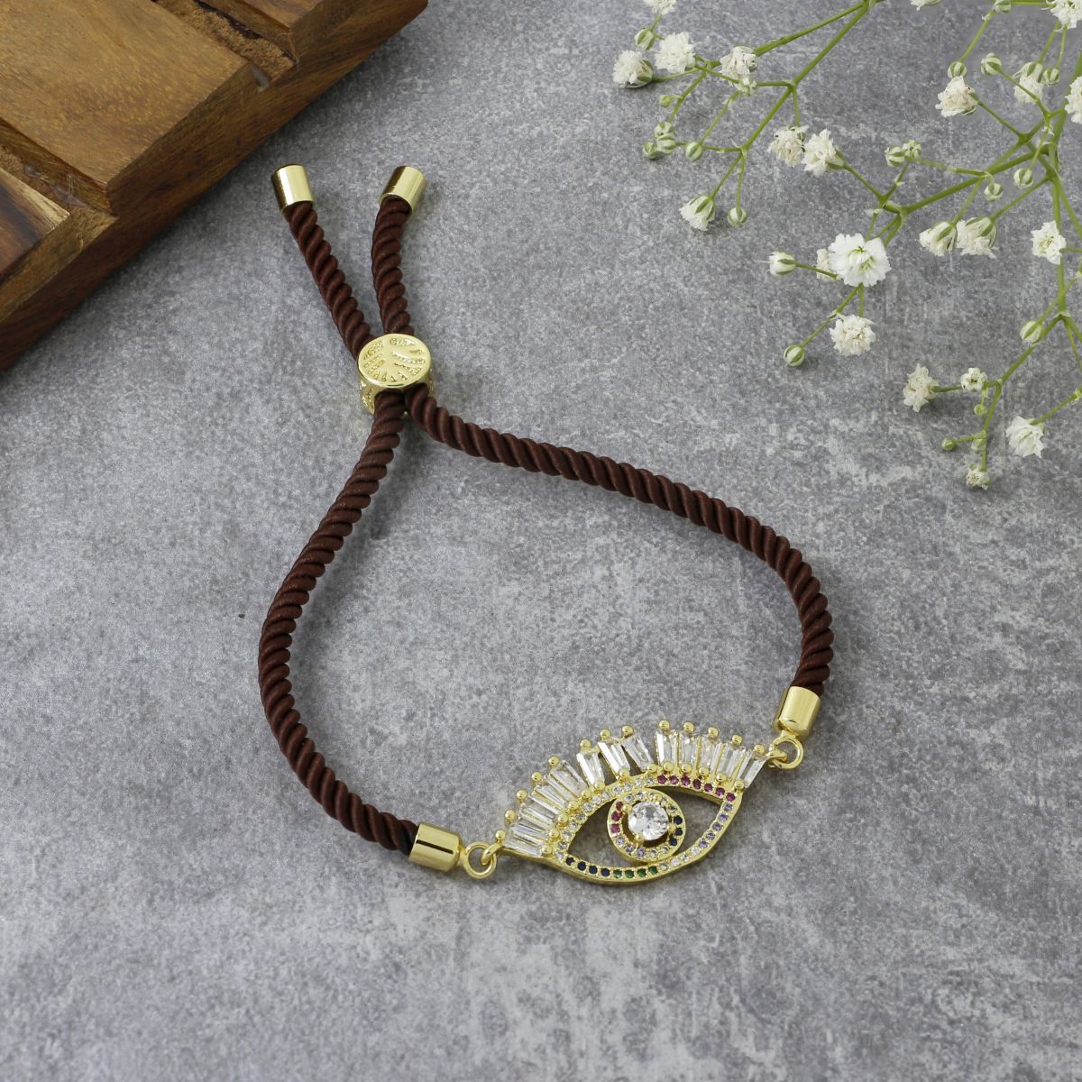 Evil Eye Good Baguette Gold Brown CZ Thread Bracelet Bulk Main image