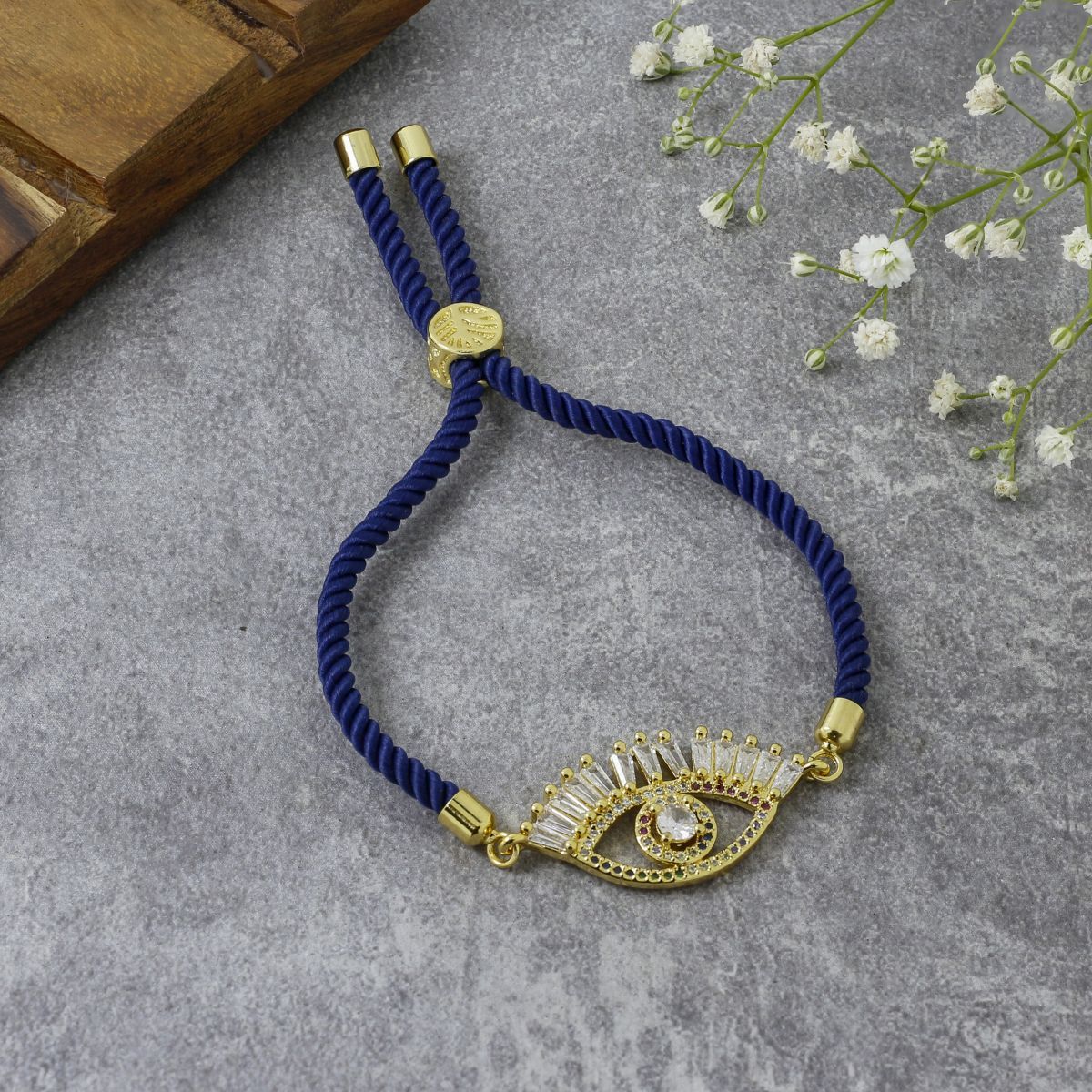 Evil Eye Good Baguette Gold Blue American Diamond Thread Bracelet Main image