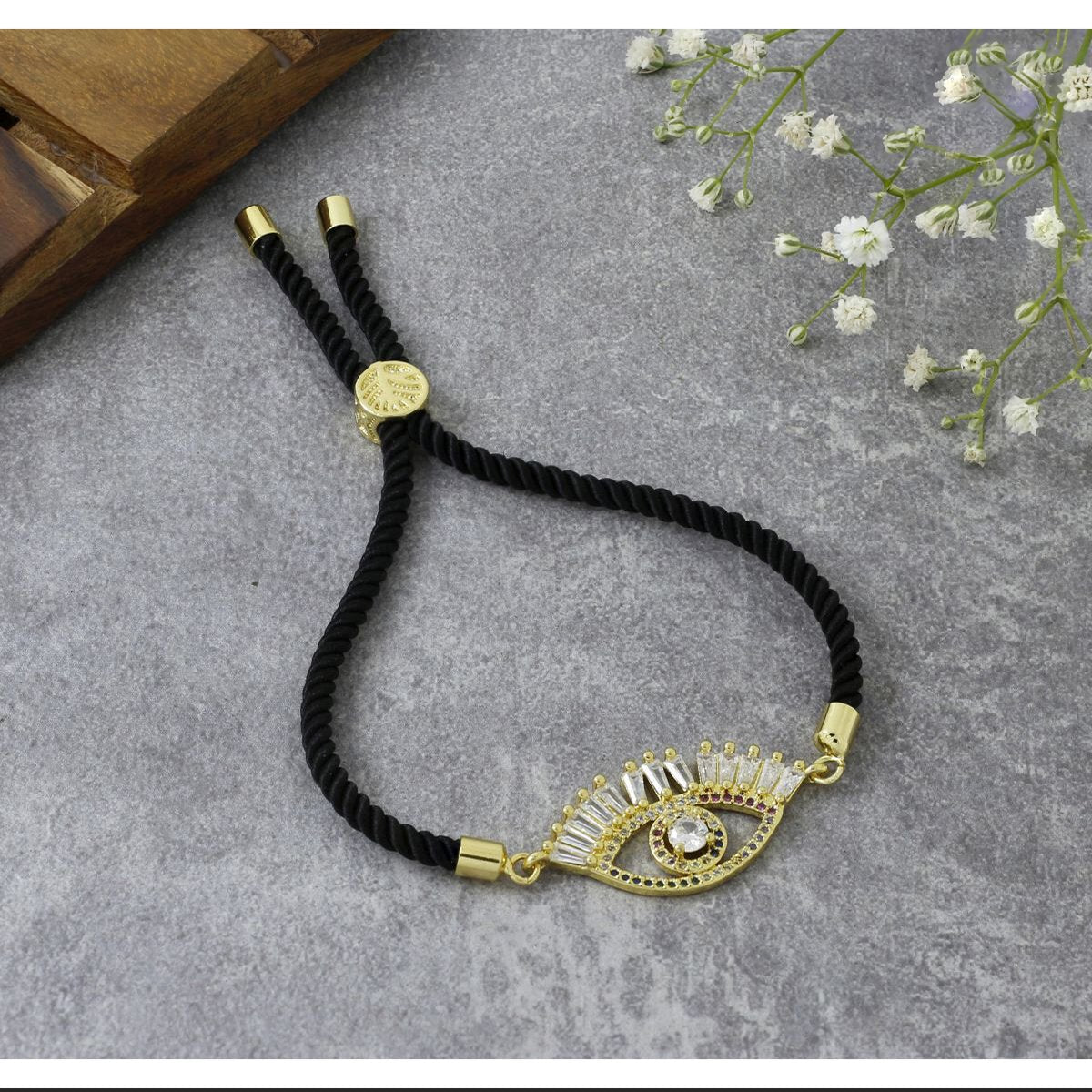 Evil Eye Good Baguette Gold Black CZ Thread Bracelet Bulk Main image