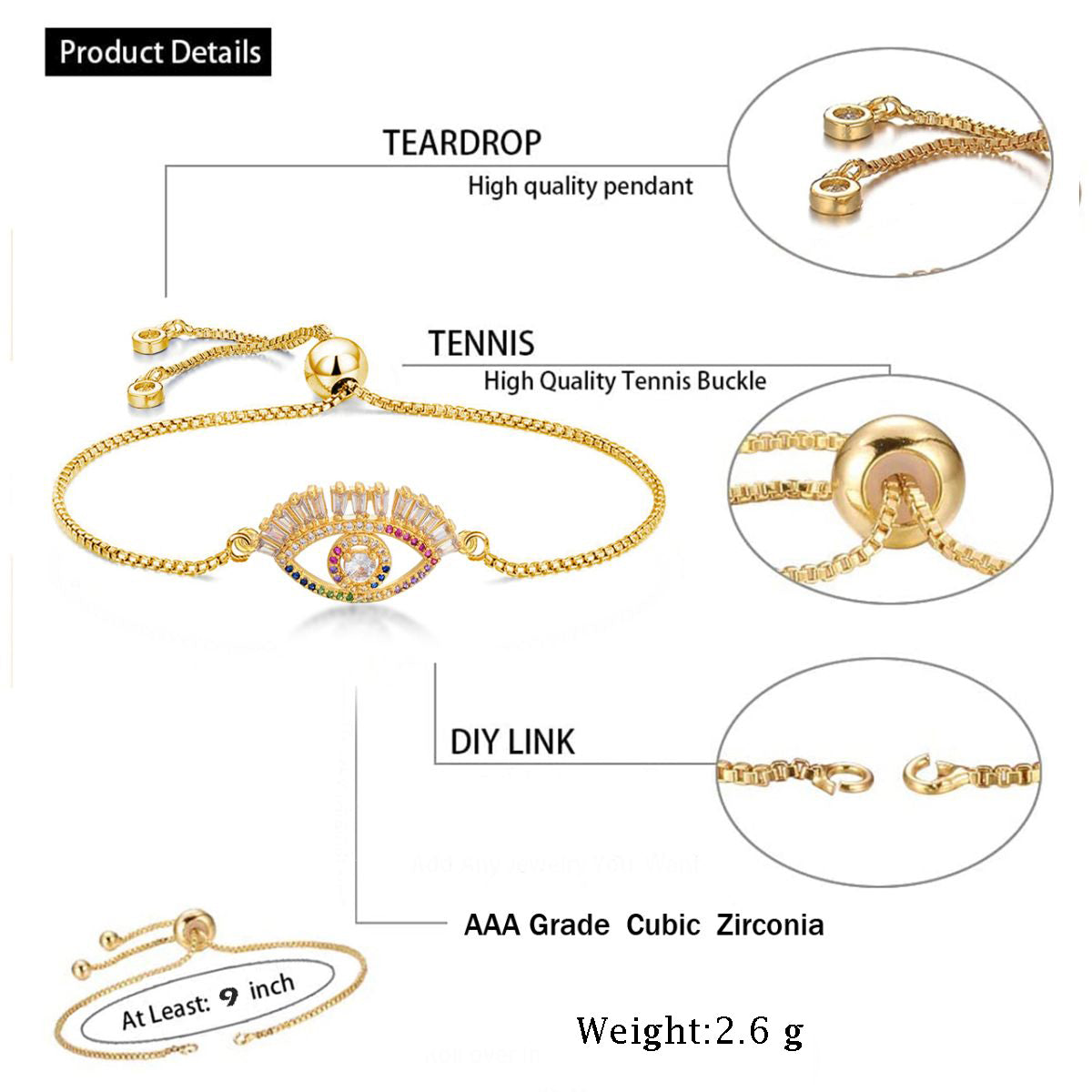 Evil Eye Good Baguette CZ American Diamond Slider Bracelet Bulk