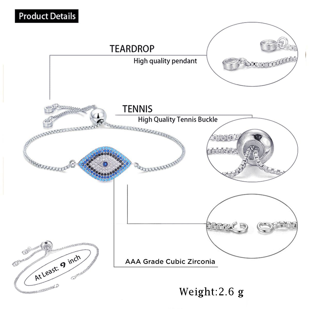 Silver Blue Evil Eye Lucky CZ American Diamond Bracelet Bulk