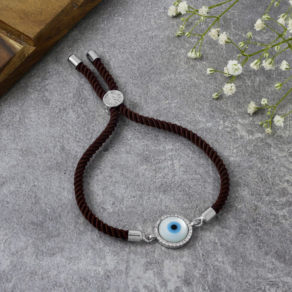 Evil Eye Silver Brown American Diamond Adjustable Thread Bracelet Main image