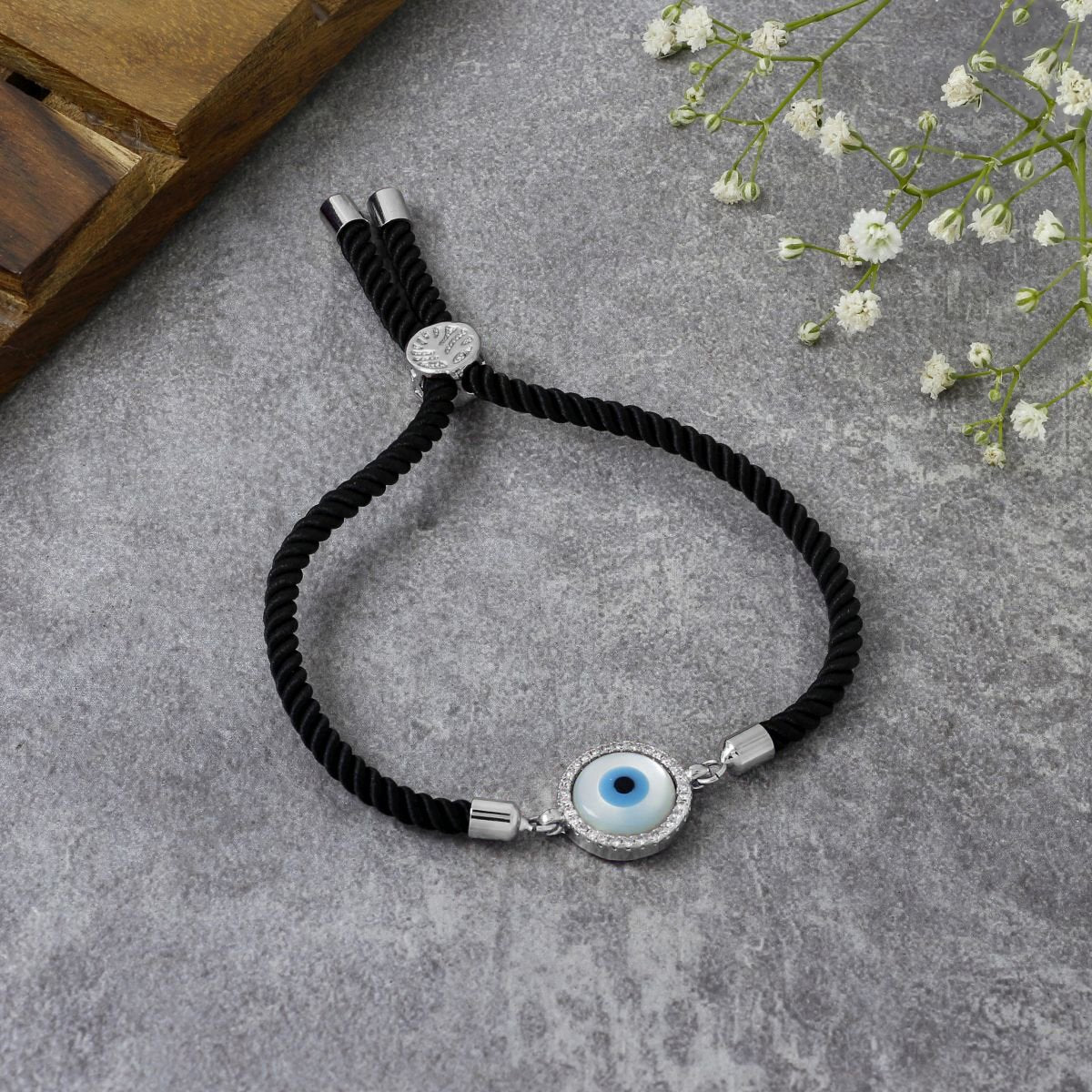 Evil Eye Silver Black American Diamond Adjustable Thread Bracelet Main image