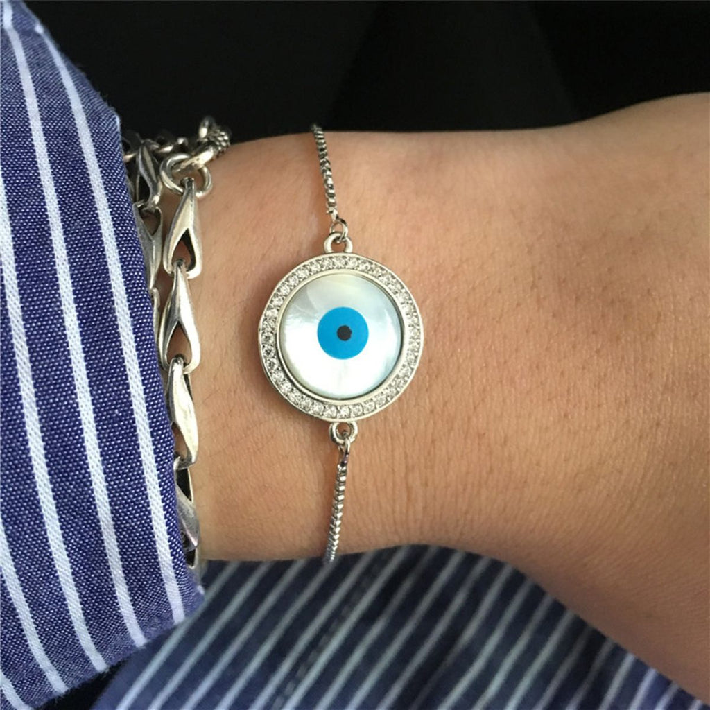 Silver Blue Evil Eye Lucky CZ American Diamond Bracelet Bulk