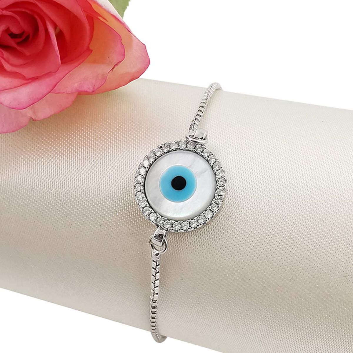 Silver Blue Evil Eye Lucky CZ American Diamond Bracelet Bulk