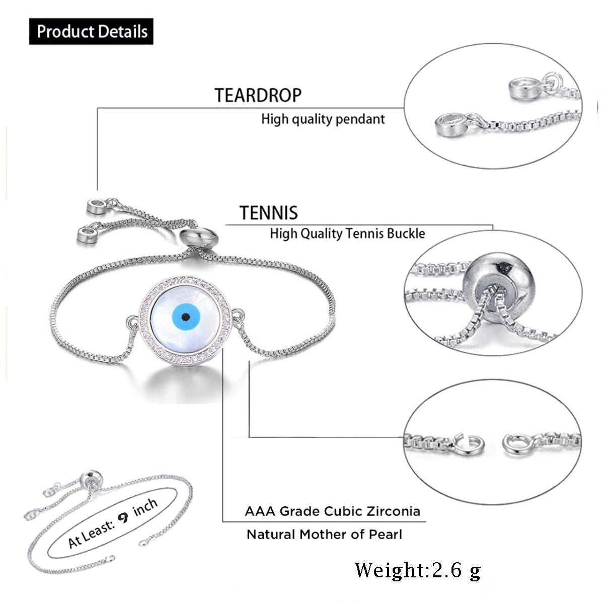 Silver Blue Evil Eye Lucky CZ American Diamond Bracelet Bulk