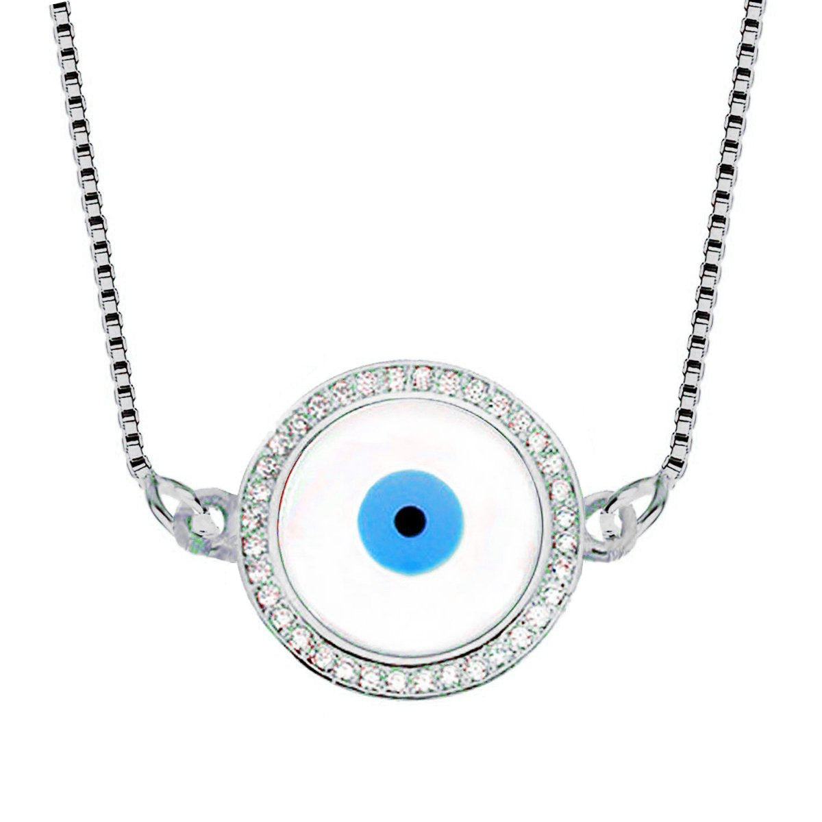 Round Turkish Evil Eye CZ Silver Necklace Pendant Chain Bulk