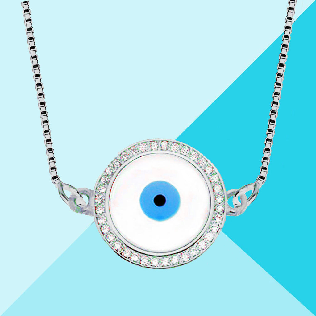Round Turkish Evil Eye CZ Silver Necklace Pendant Chain Bulk