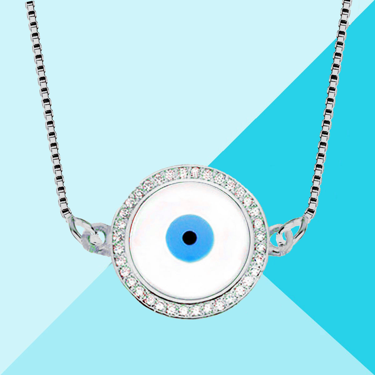Round Turkish Evil Eye CZ Silver Necklace Pendant Chain Bulk