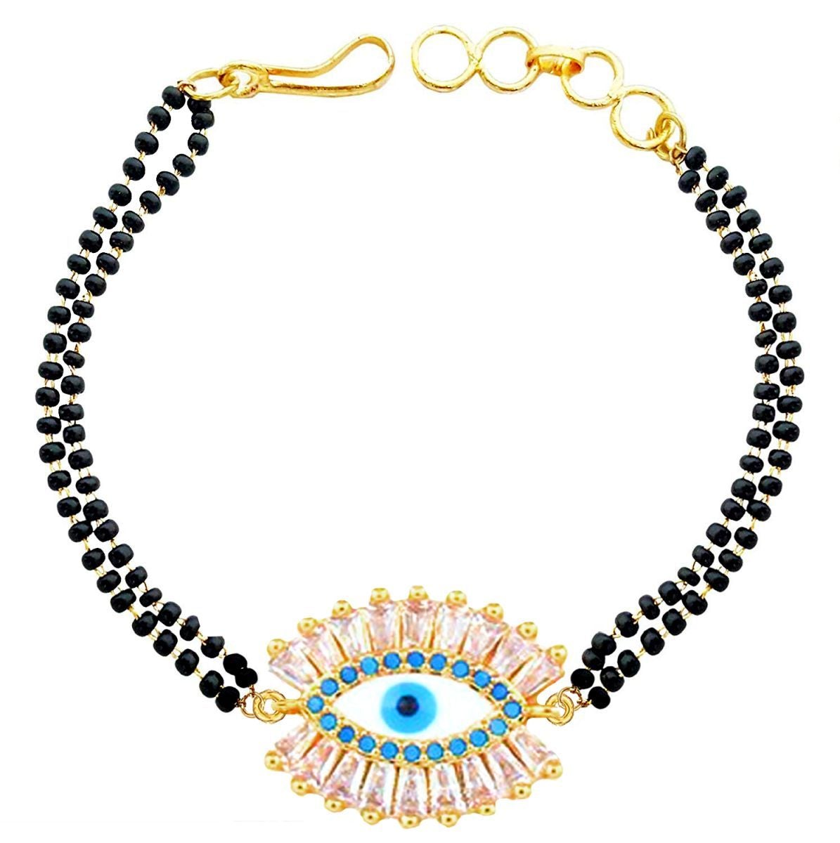 Turkish Blue Gold Evil Eye Good Luck Cubic Zirconia American Diamond Adjustable Hand Wrist Mangalsutra Bracelet Women
